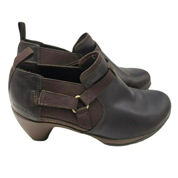 Merrell Ankle Bootie Womens Size 7 Brown Leather Heel Boots Clog Hiking Work - Picture 5 of 6